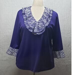 Vintage Blair Purple Animal Print Ruffle V‑Neck Blouse Size Large